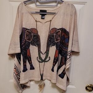 Black and Red Graphic Boxy Blouse with 3/4 Sleeves